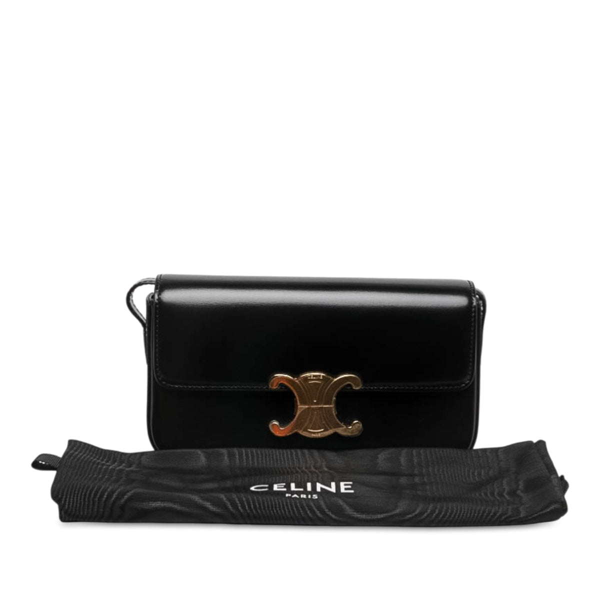 Celine Shiny Calfskin Triomphe Claude Shoulder Bag — Black