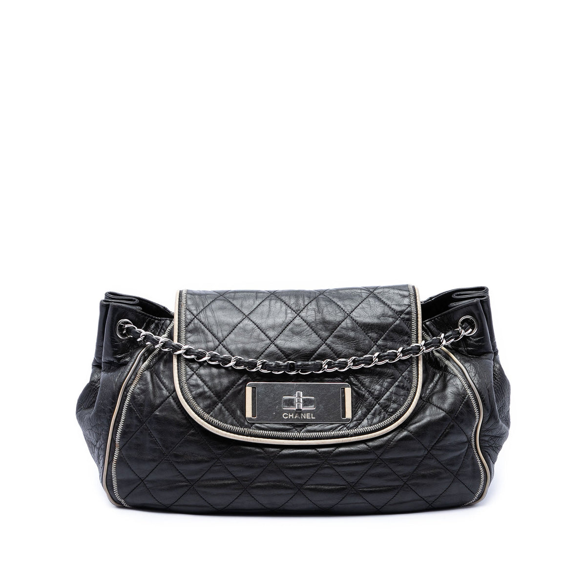 Chanel Quilted Lambskin East West Mademoiselle Accordion Flap — Black