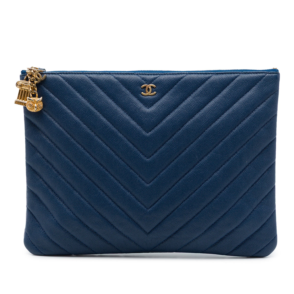 Chanel Medium Chevron Caviar Ancient Greek Charms O Case Clutch — Blue