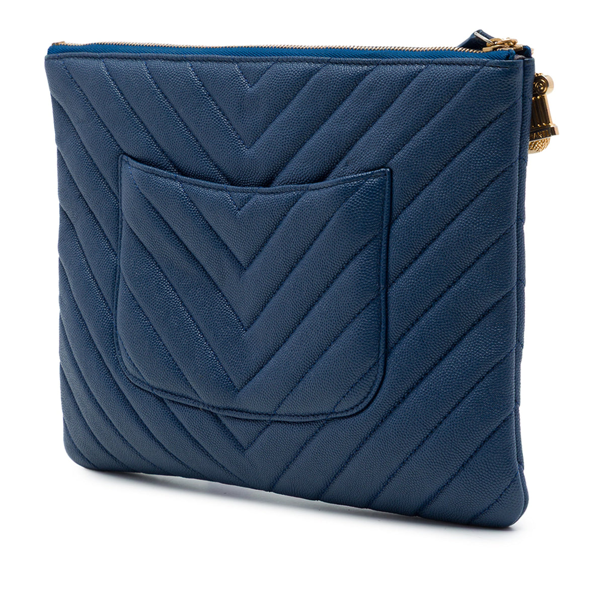 Chanel Medium Chevron Caviar Ancient Greek Charms O Case Clutch — Blue