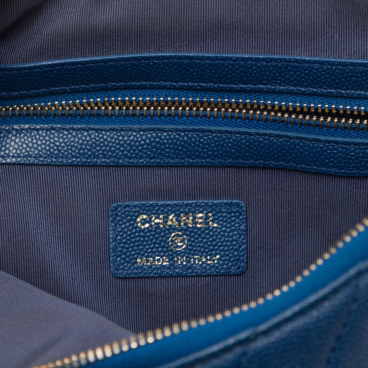 Chanel Medium Chevron Caviar Ancient Greek Charms O Case Clutch — Blue