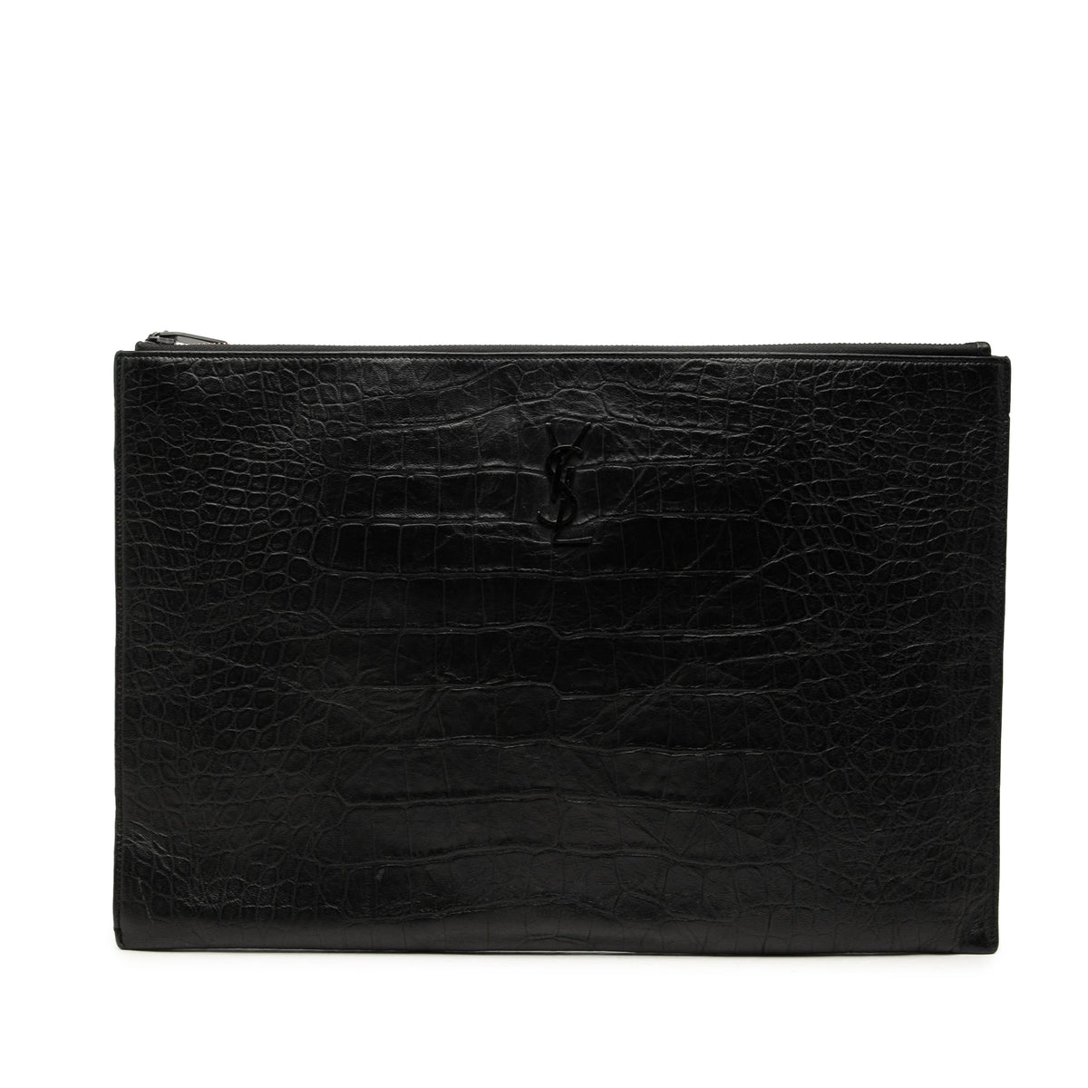 Saint Laurent Croc Embossed Leather Document Holder — Black