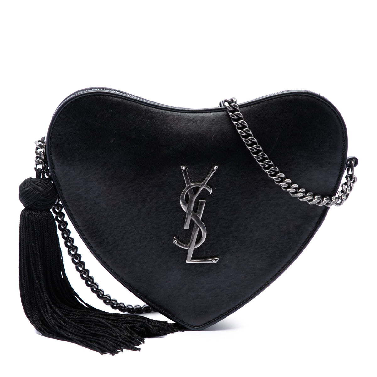 Saint Laurent Leather Monogram Heart Tassel Crossbody — Black
