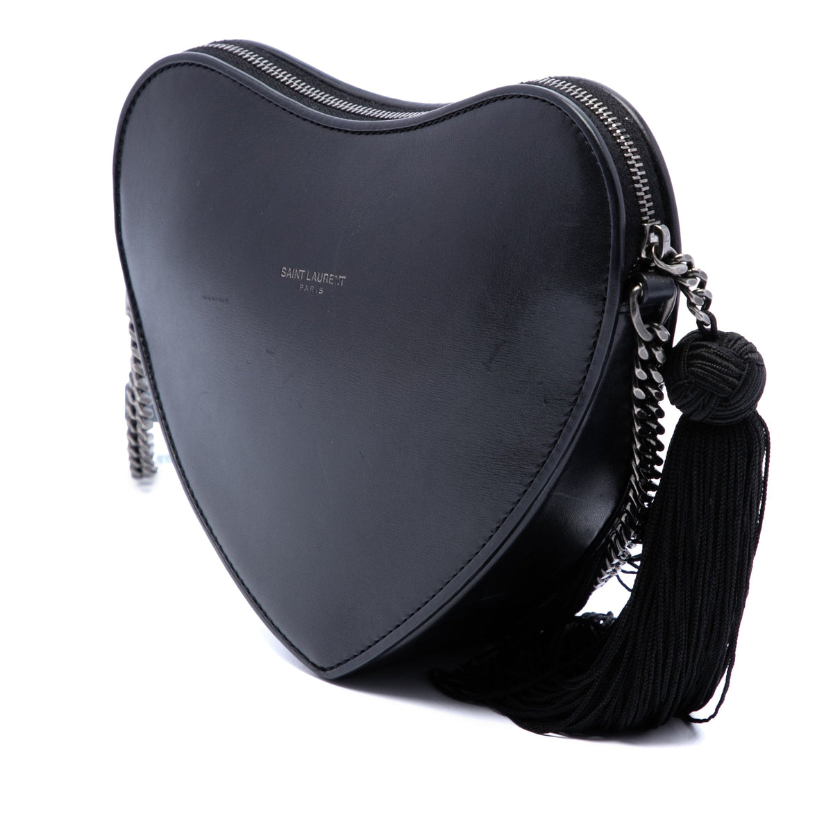 Saint Laurent Leather Monogram Heart Tassel Crossbody — Black