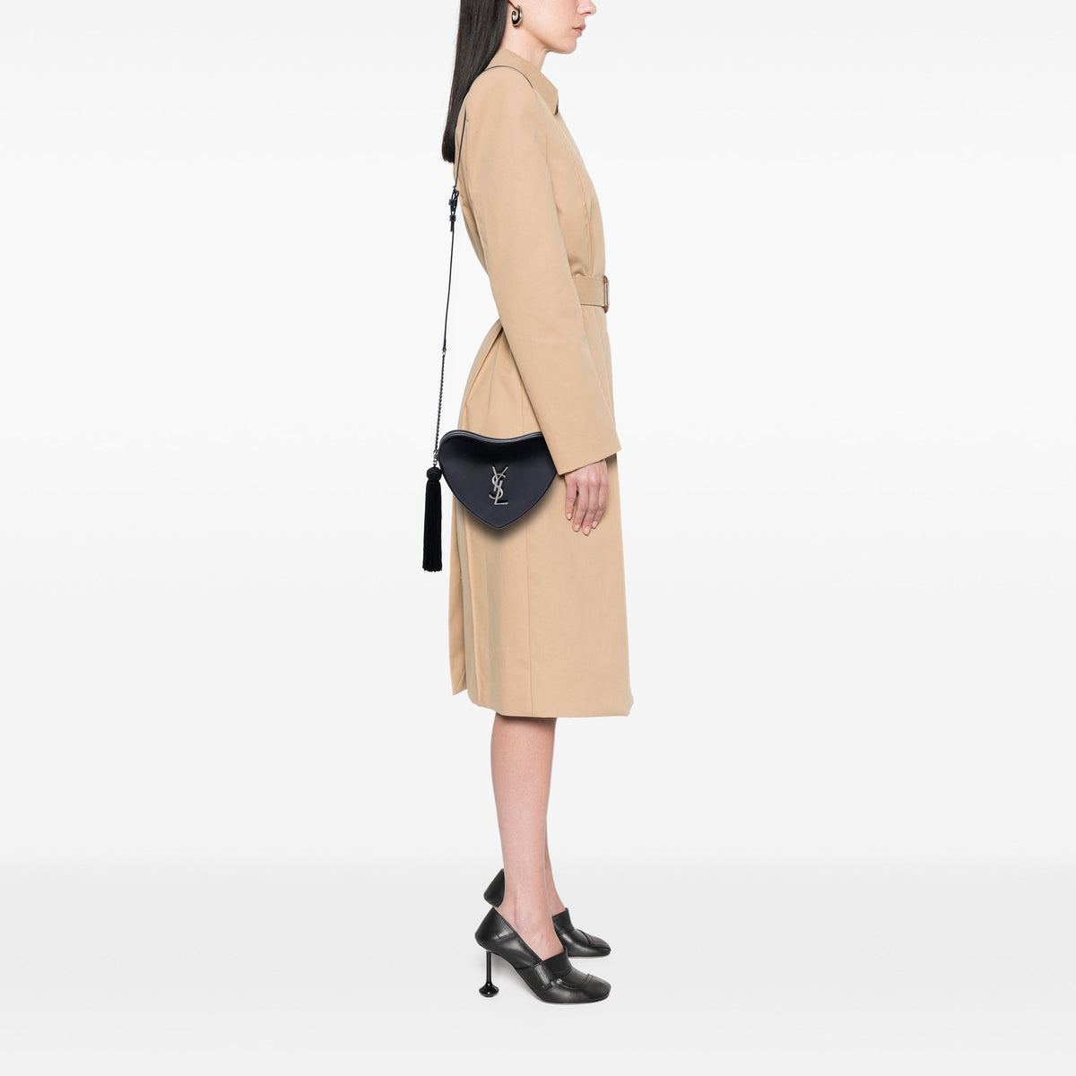 Saint Laurent Leather Monogram Heart Tassel Crossbody — Black