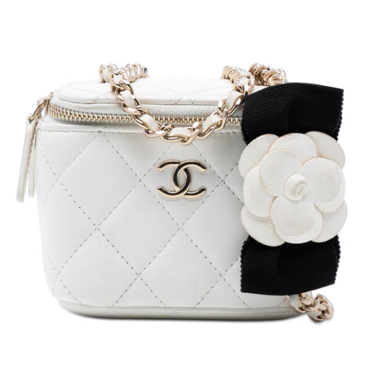 Chanel Mini Quilted Lambskin Camellia Bow Vanity Case with Chain