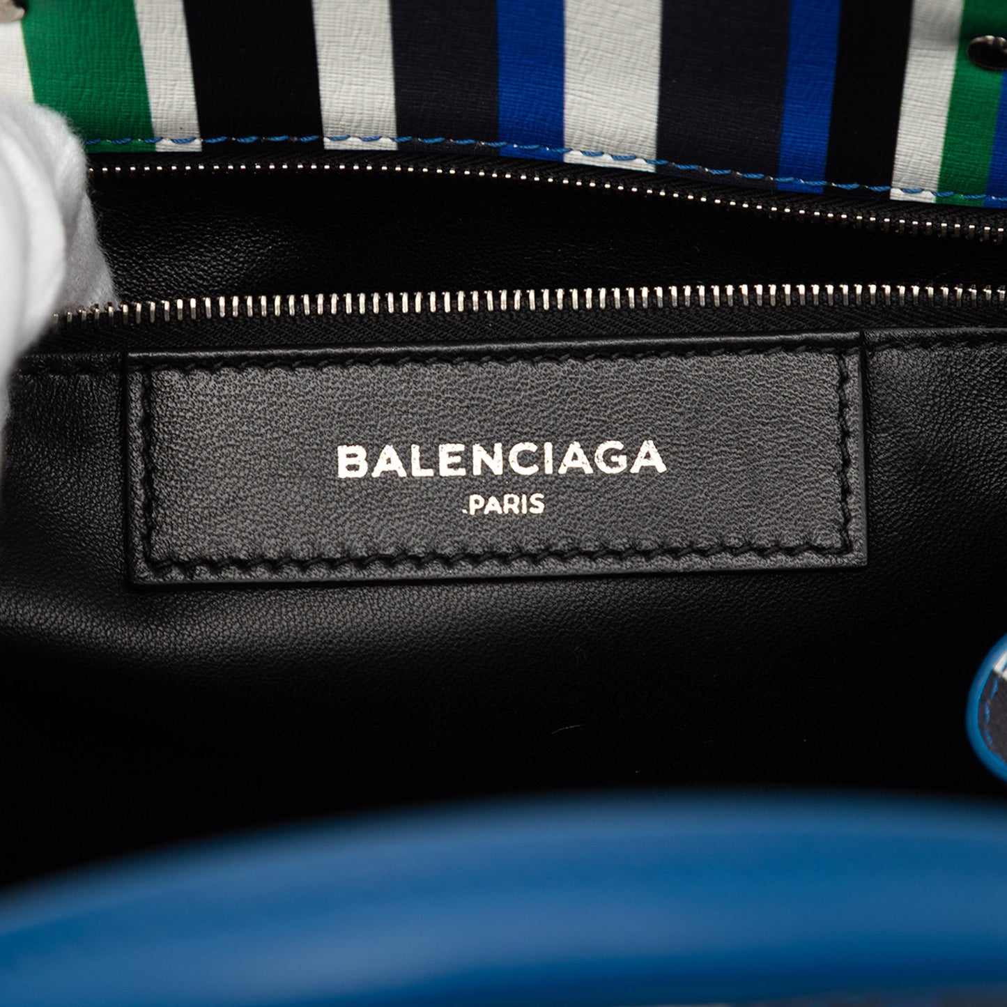 Balenciaga Mini Leather Striped Papier A6 Zip Around Satchel