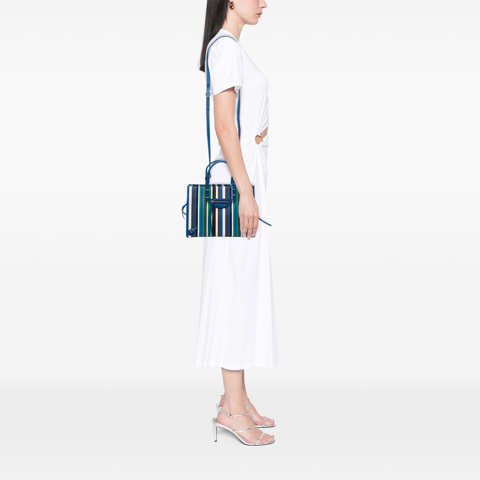 Balenciaga Mini Leather Striped Papier A6 Zip Around Satchel
