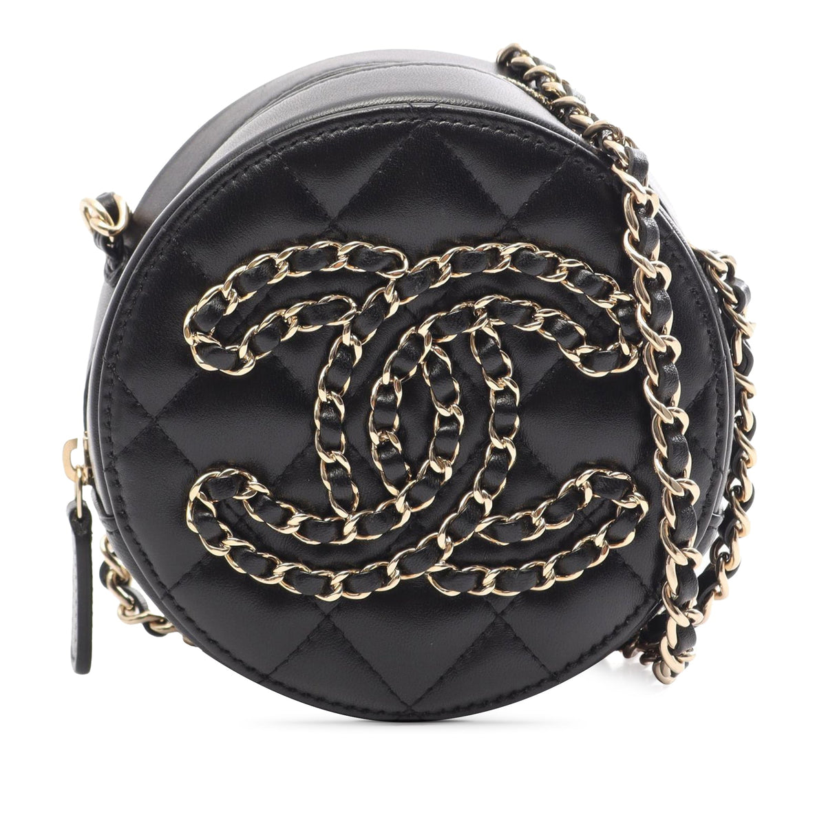Chanel CC Quilted Lambskin Round Clutch With Chain — Black