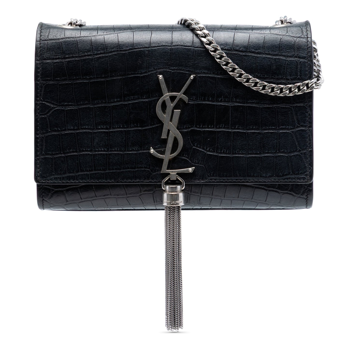 Croc Embossed Leather Monogram Kate Tassel Wallet on Chain