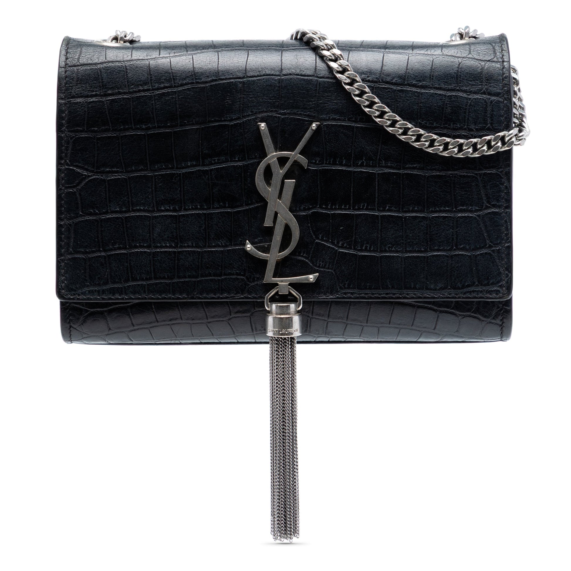 Croc Embossed Leather Monogram Kate Tassel Wallet on Chain
