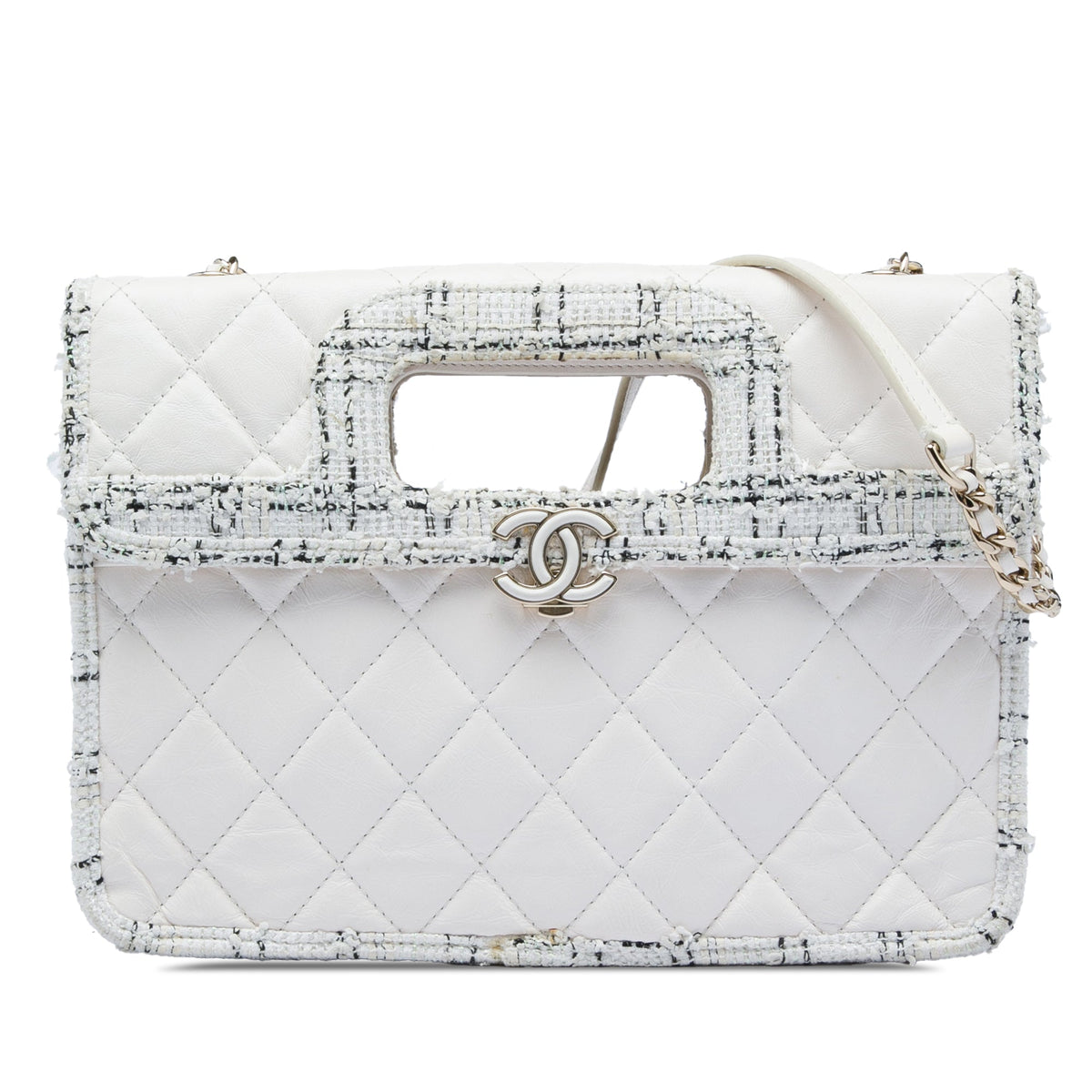 Chanel CC Tweed Trimmed Quilted Aged Calfskin Cutout Handle Bag