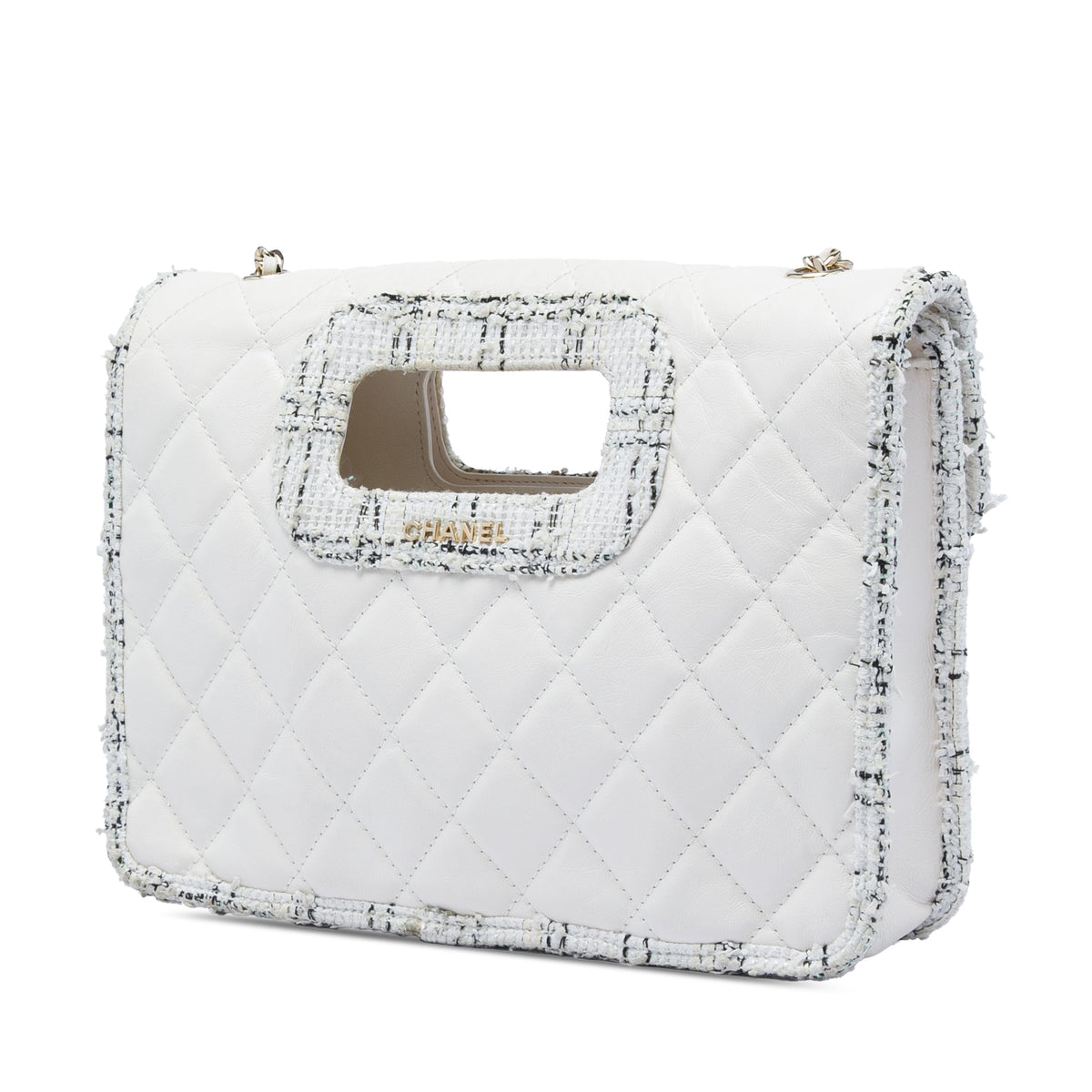 Chanel CC Tweed Trimmed Quilted Aged Calfskin Cutout Handle Bag