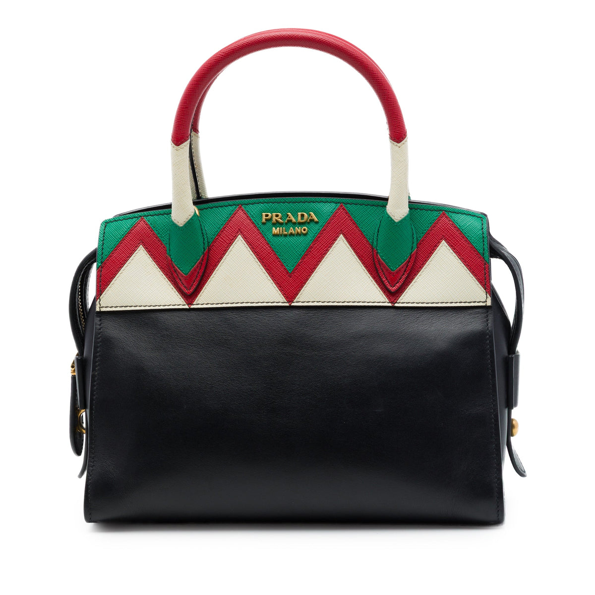 Prada Small Saffiano Trimmed City Calf Greca Esplanade Satchel — Black
