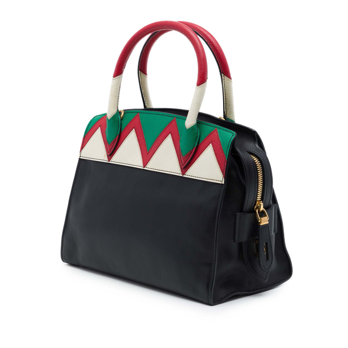 Prada Small Saffiano Trimmed City Calf Greca Esplanade Satchel — Black