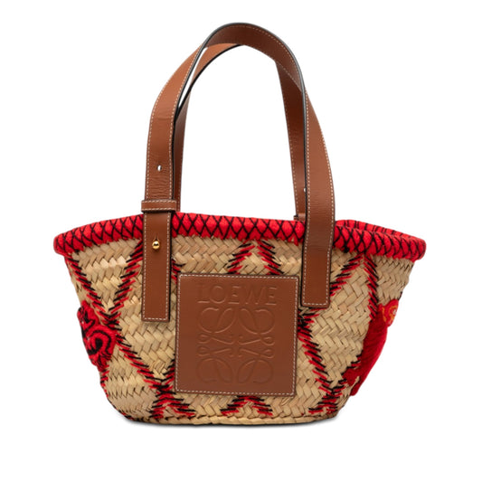 LOEWE Small Raffia Animal Embroidered Basket Tote