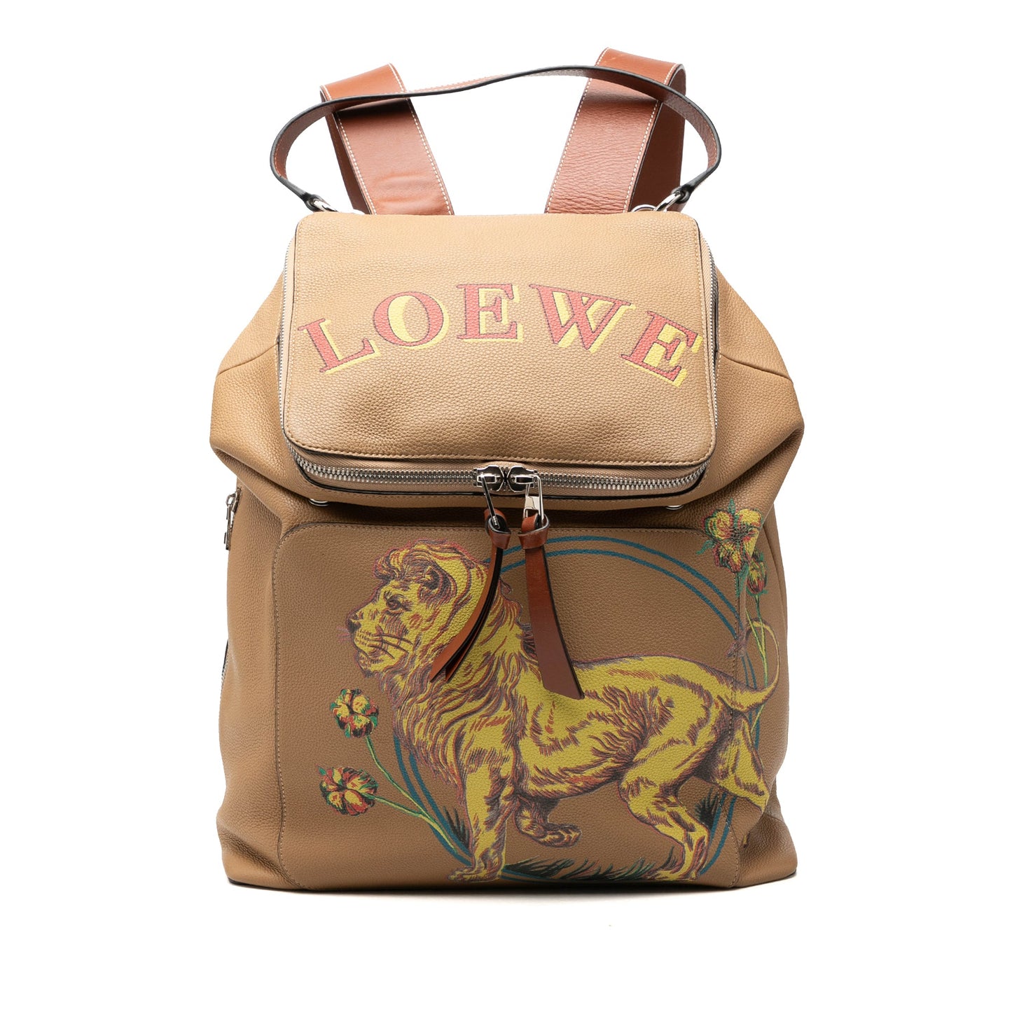 LOEWE Paulas Ibiza Large Leather Lion and Floral Print Goya Backpack
