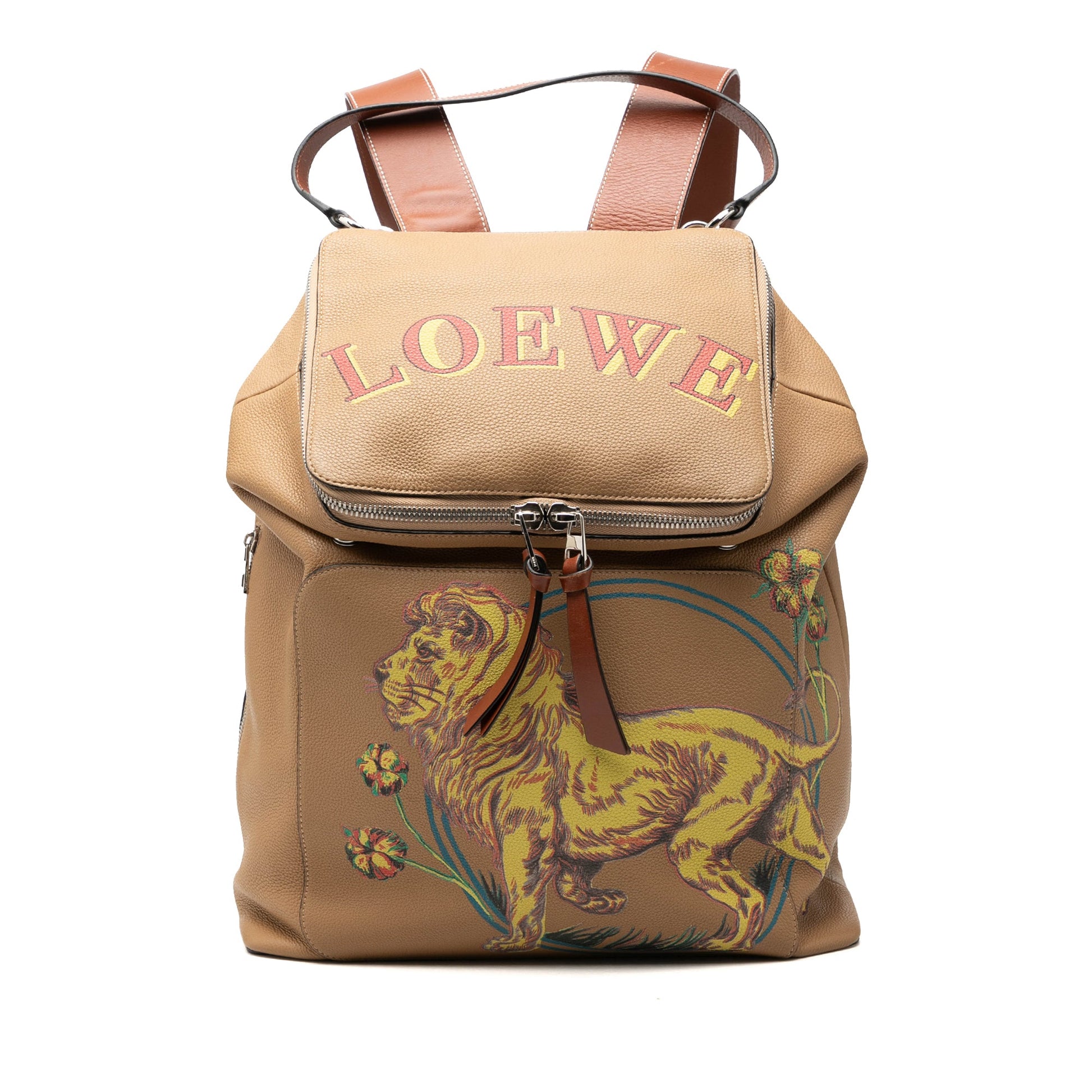 LOEWE Paulas Ibiza Large Leather Lion and Floral Print Goya Backpack