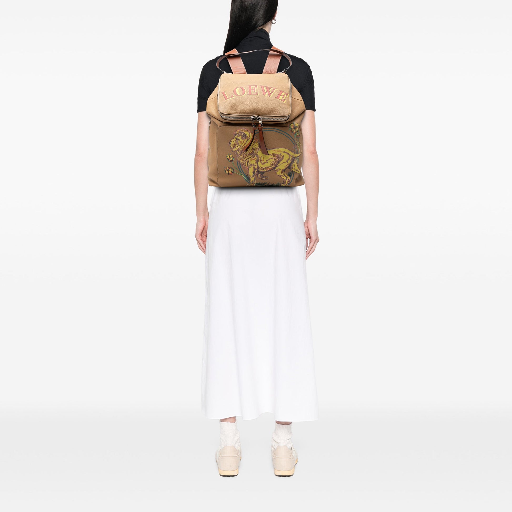 LOEWE Paulas Ibiza Large Leather Lion and Floral Print Goya Backpack