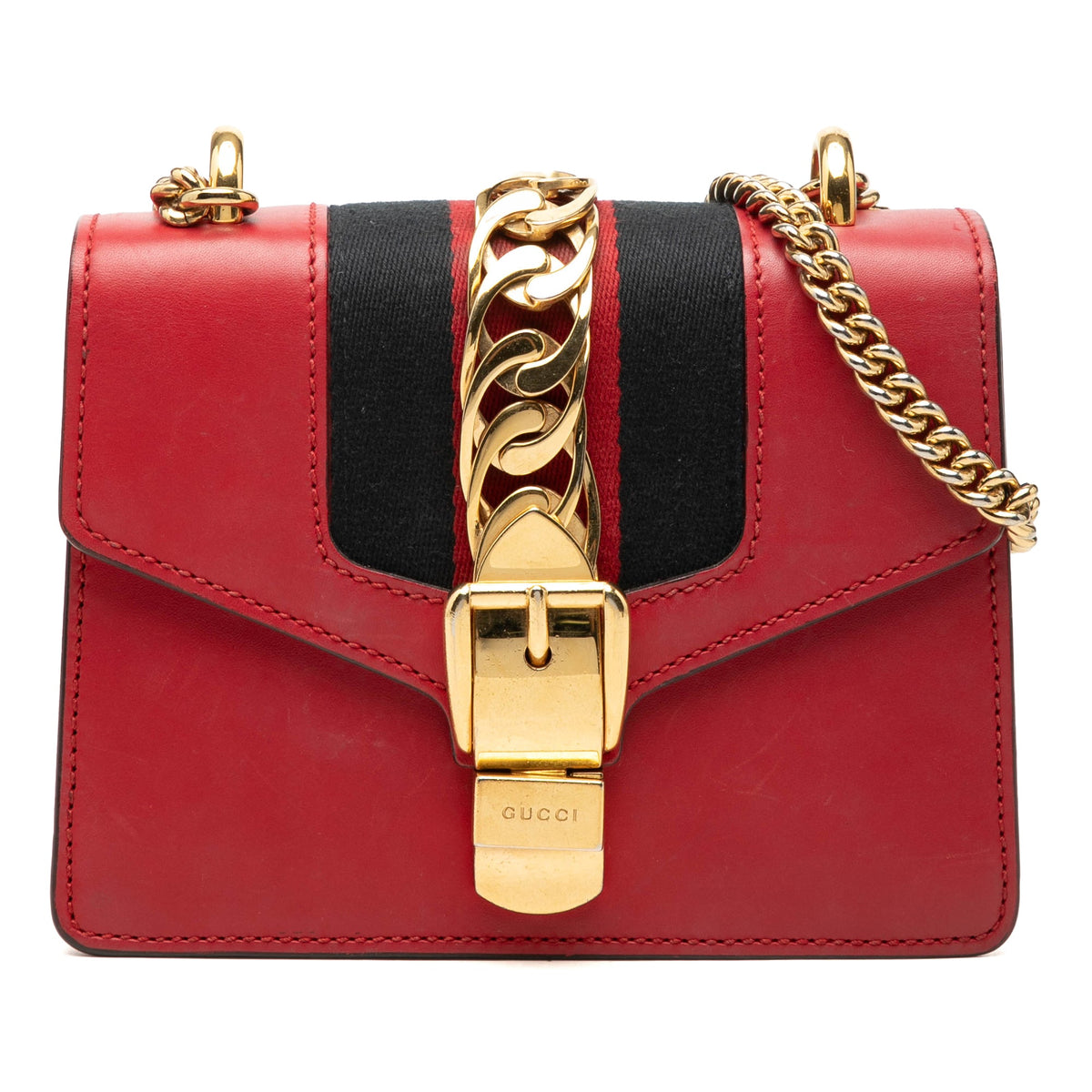 Gucci Mini Calfskin Web Sylvie Chain Satchel