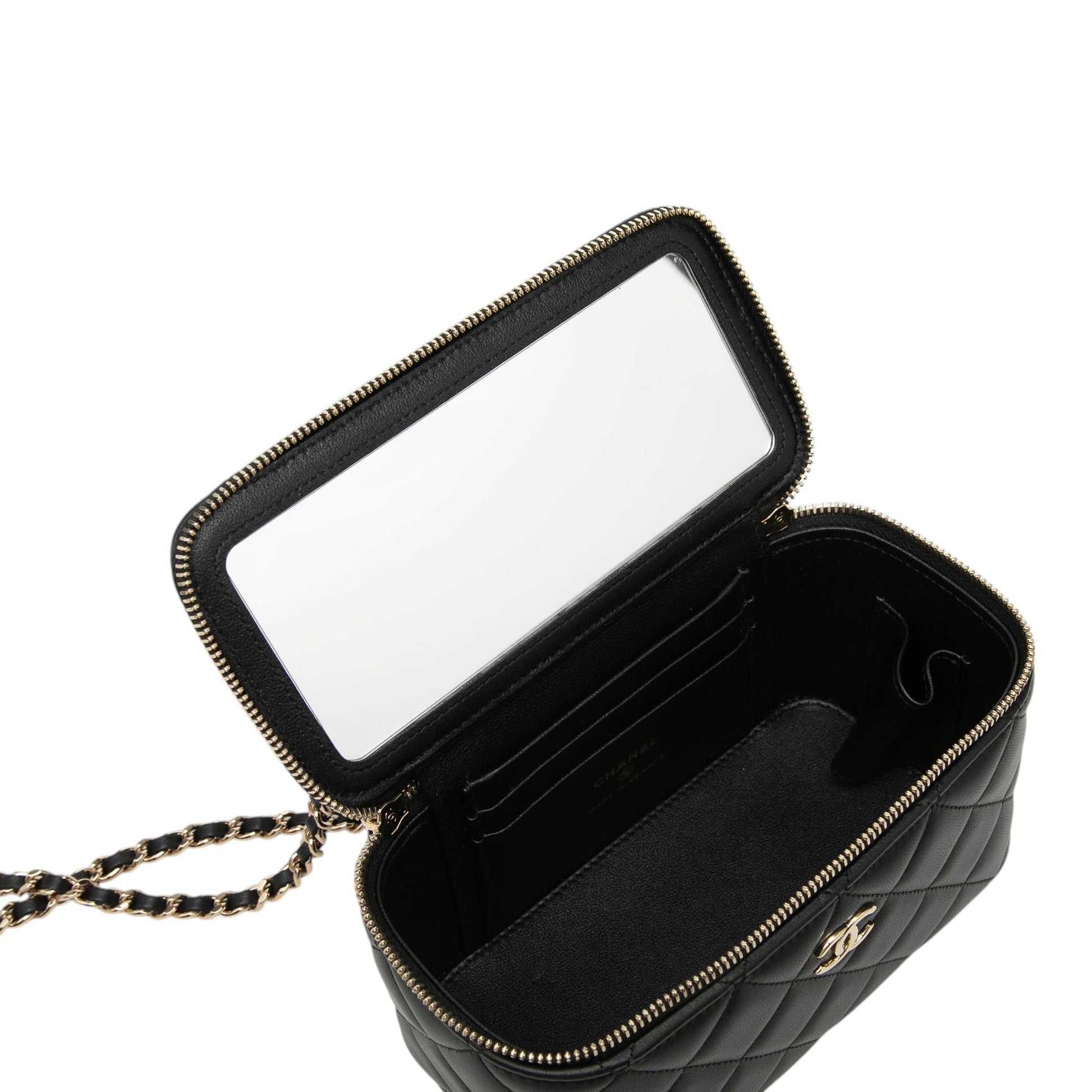 Small Lambskin Top Handle Vanity Case with Chain