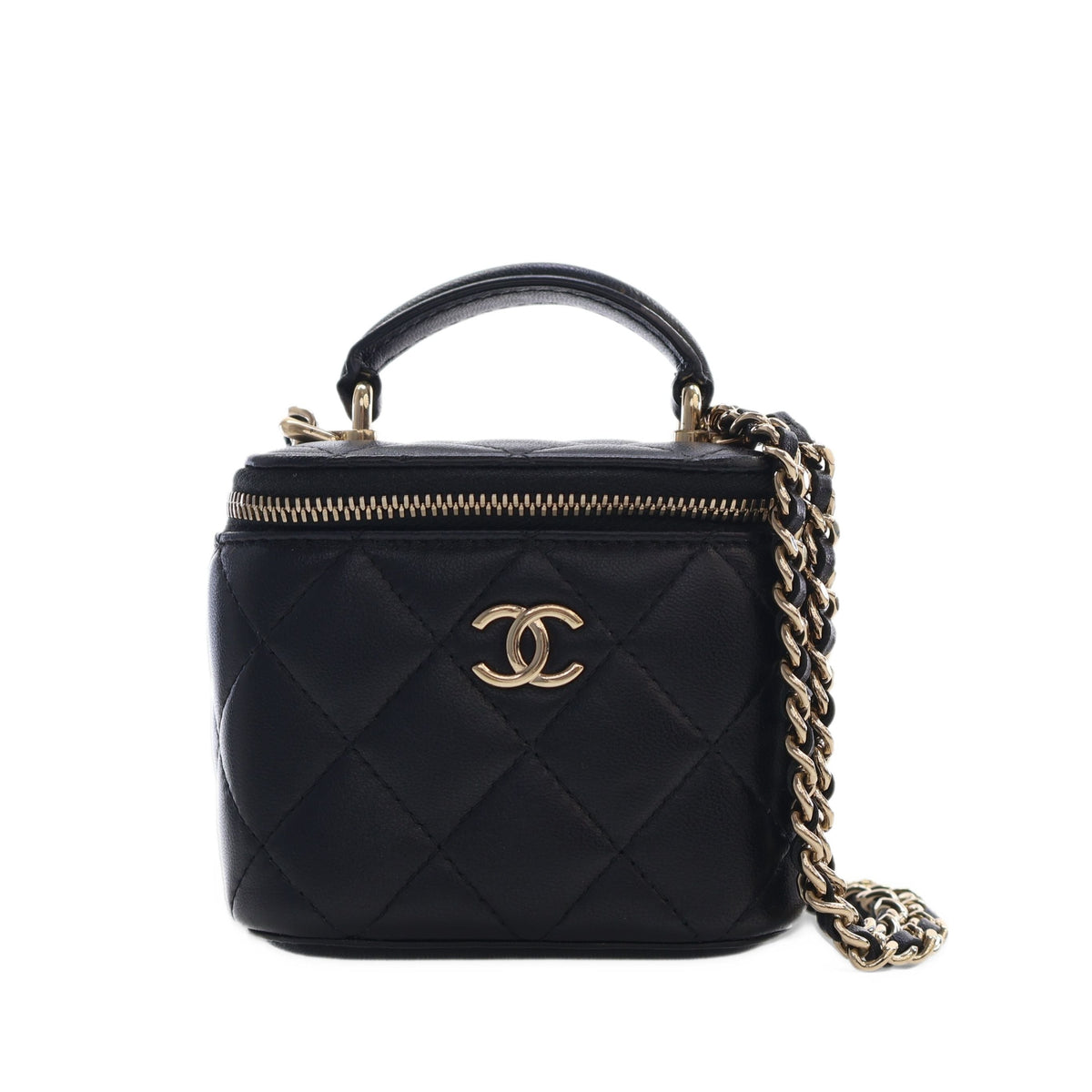 Chanel Mini CC Quilted Lambskin Top Handle Vanity Case With Chain — Black