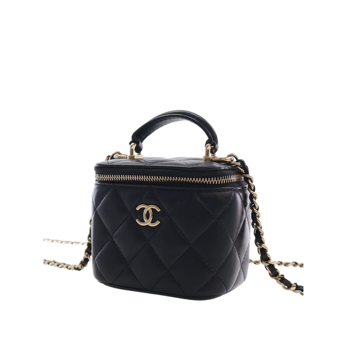 Chanel Mini CC Quilted Lambskin Top Handle Vanity Case With Chain — Black