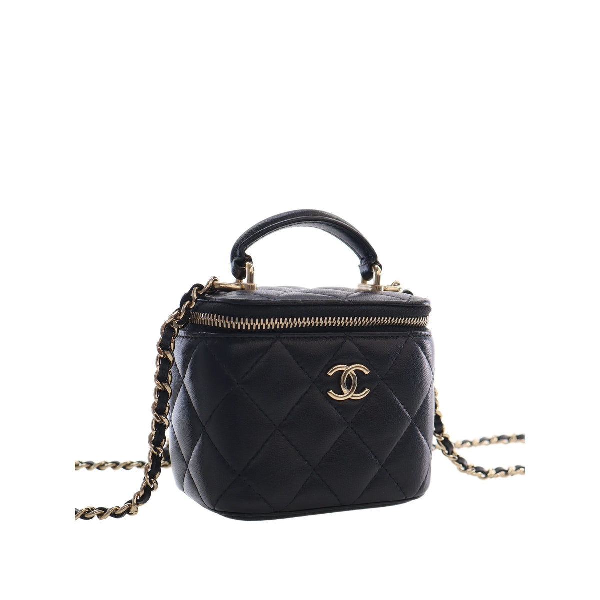 Chanel Mini CC Quilted Lambskin Top Handle Vanity Case With Chain — Black