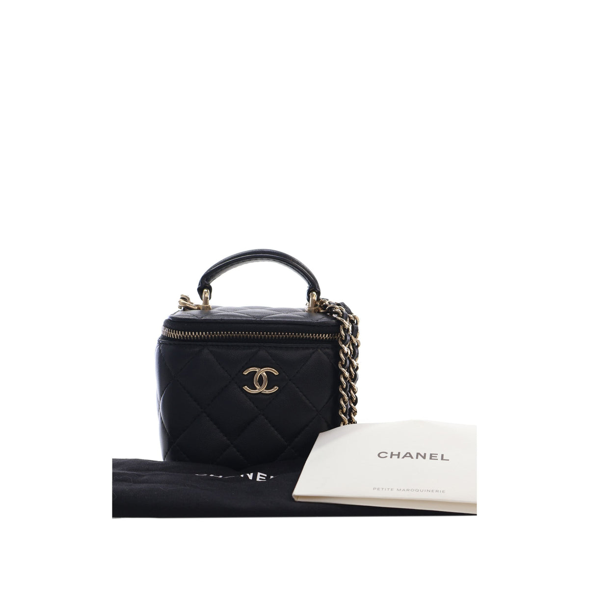 Chanel Mini CC Quilted Lambskin Top Handle Vanity Case With Chain — Black