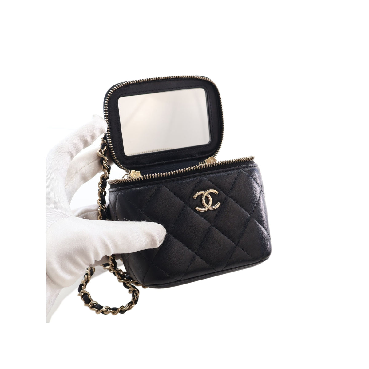 Chanel Mini CC Quilted Lambskin Top Handle Vanity Case With Chain — Black
