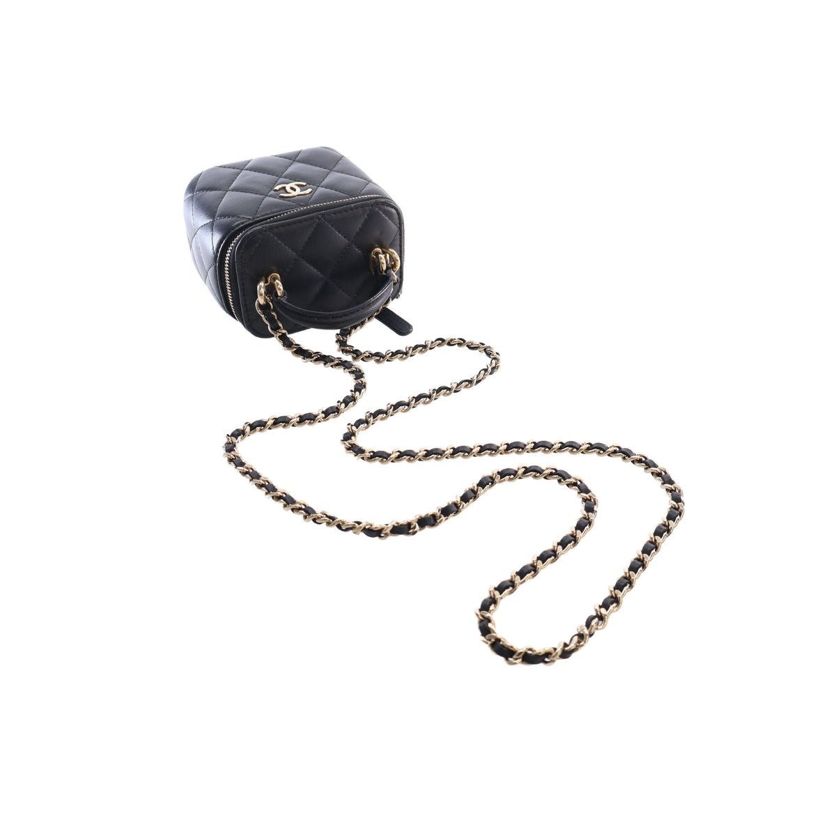 Chanel Mini CC Quilted Lambskin Top Handle Vanity Case With Chain — Black