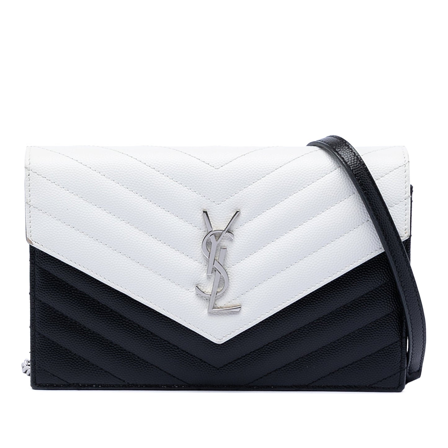 Saint Laurent Bicolor Grain De Poudre Chevron Monogram Envelope Chain Wallet