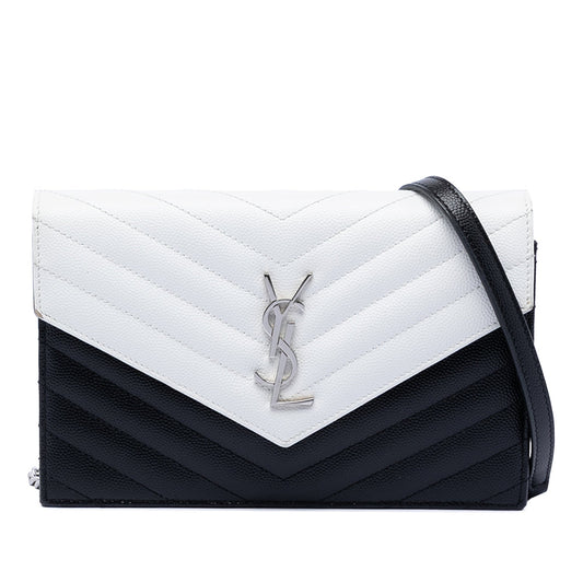 Saint Laurent Bicolor Grain De Poudre Chevron Monogram Envelope Chain Wallet