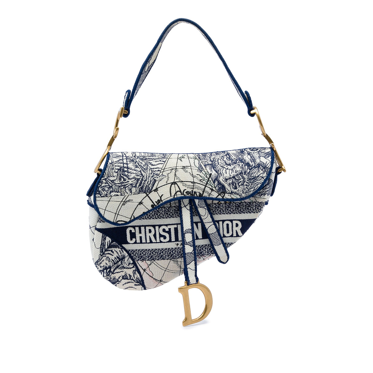 Dior Canvas Embroidered Around the World Saddle Bag — Blue