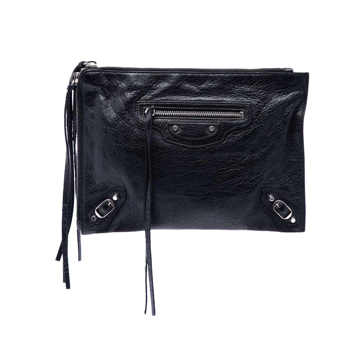 Balenciaga Lambskin Motocross Classic Zip Around Flat Clutch — Black
