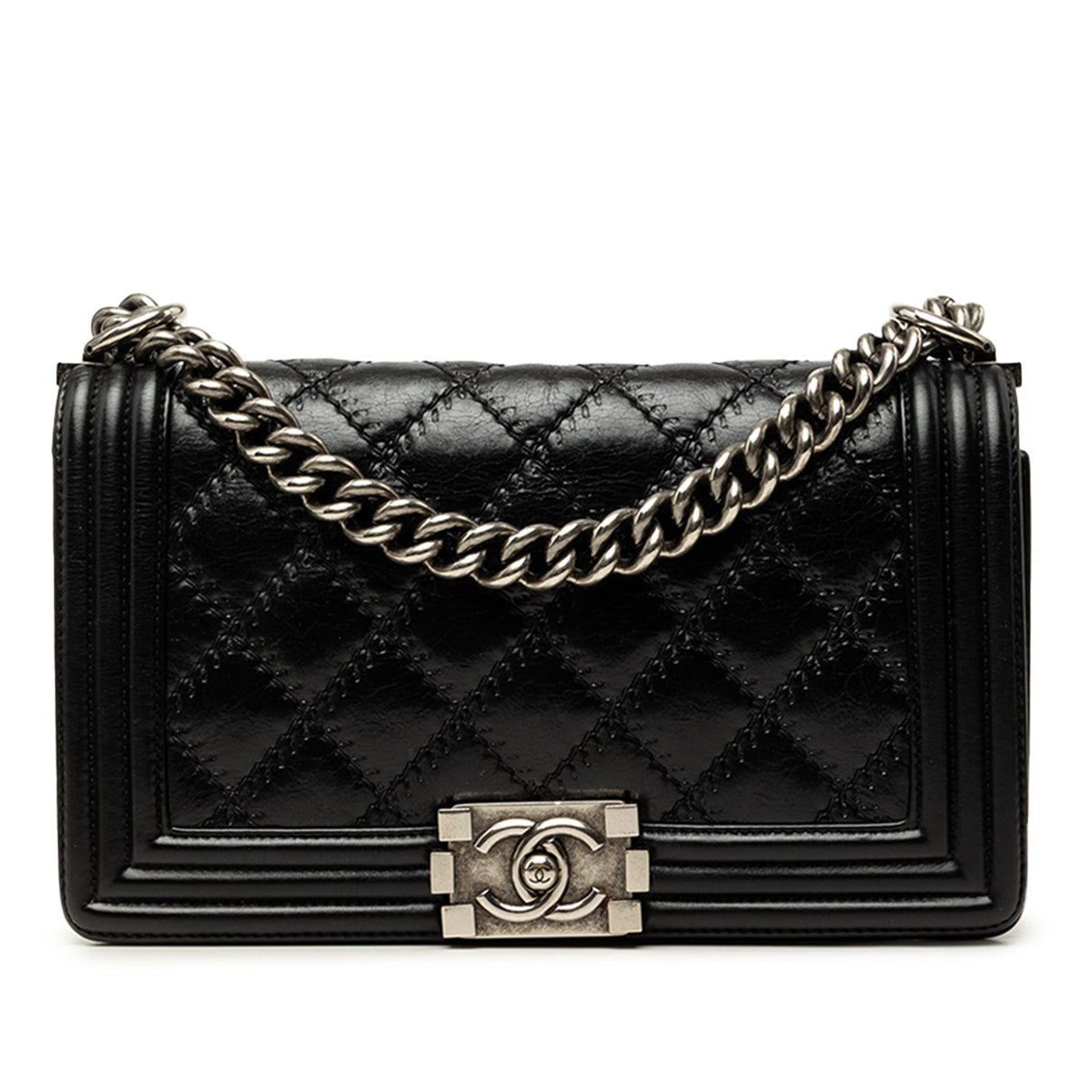 Chanel Old Medium Quilted Lambskin Double Stitch Boy Flap