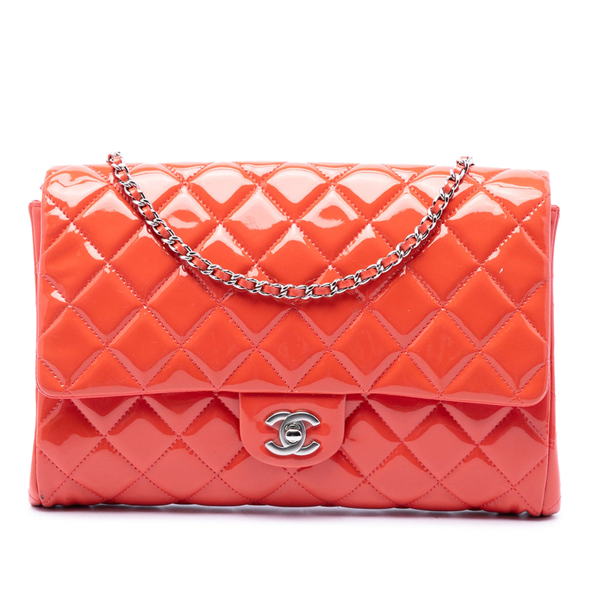 Chanel CC Quilted Patent Flap Clutch with Chain — Pink