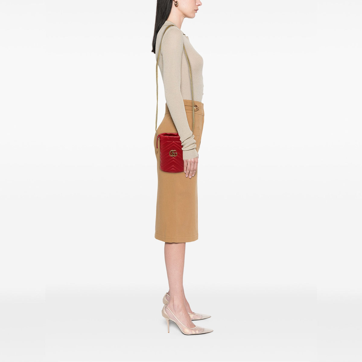 Gucci Small GG Marmont Matelasse Calfskin Bucket Bag — Red