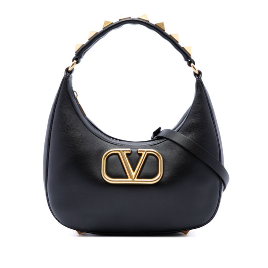 Valentino Calfskin Stud Sign Zip Hobo — Black