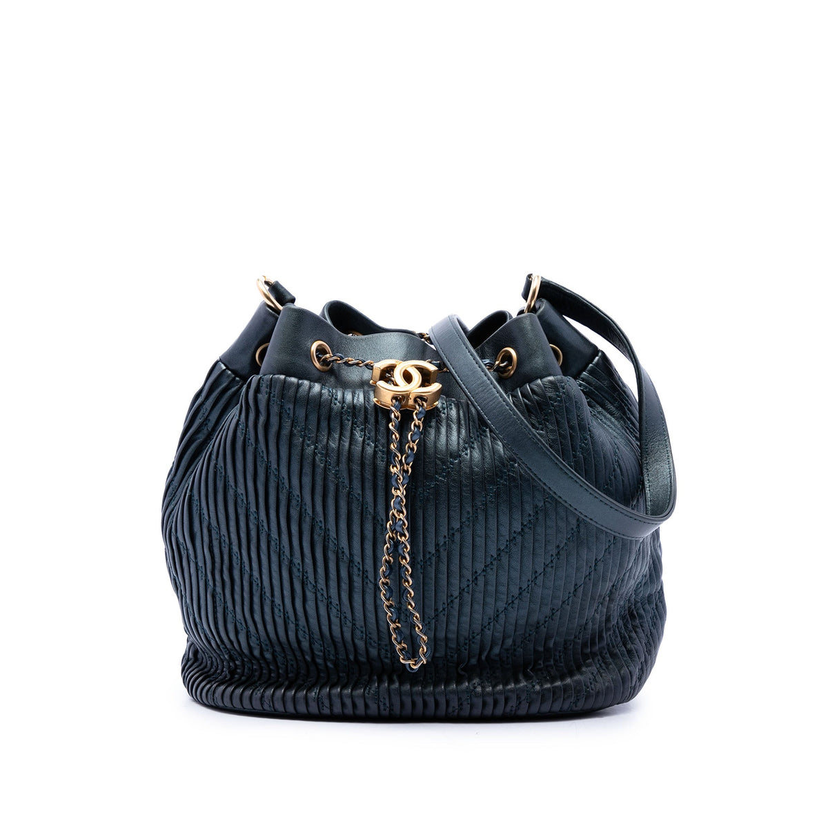 Chanel Small Crumpled Calfskin Coco Pleats Drawstring Bucket Bag — Blue