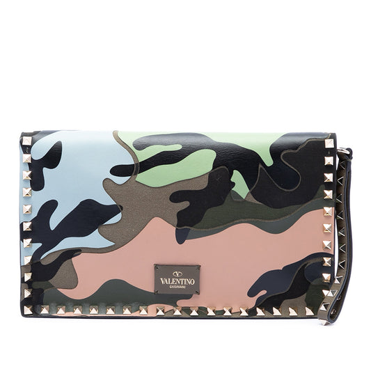 Valentino Canvas and Nappa Camouflage Rockstud Wristlet Clutch