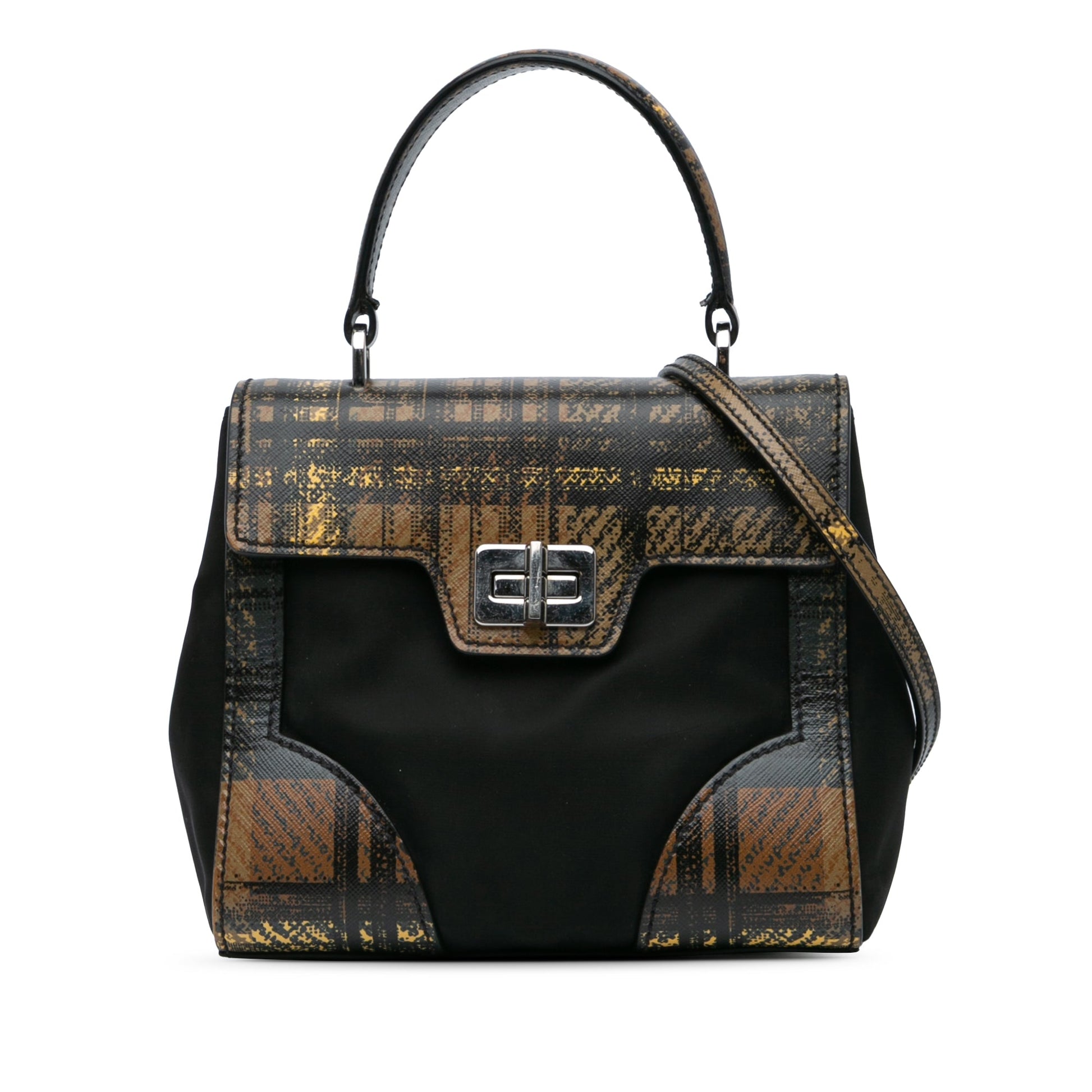 Prada Tartan Saffiano Trimmed Tessuto Satchel