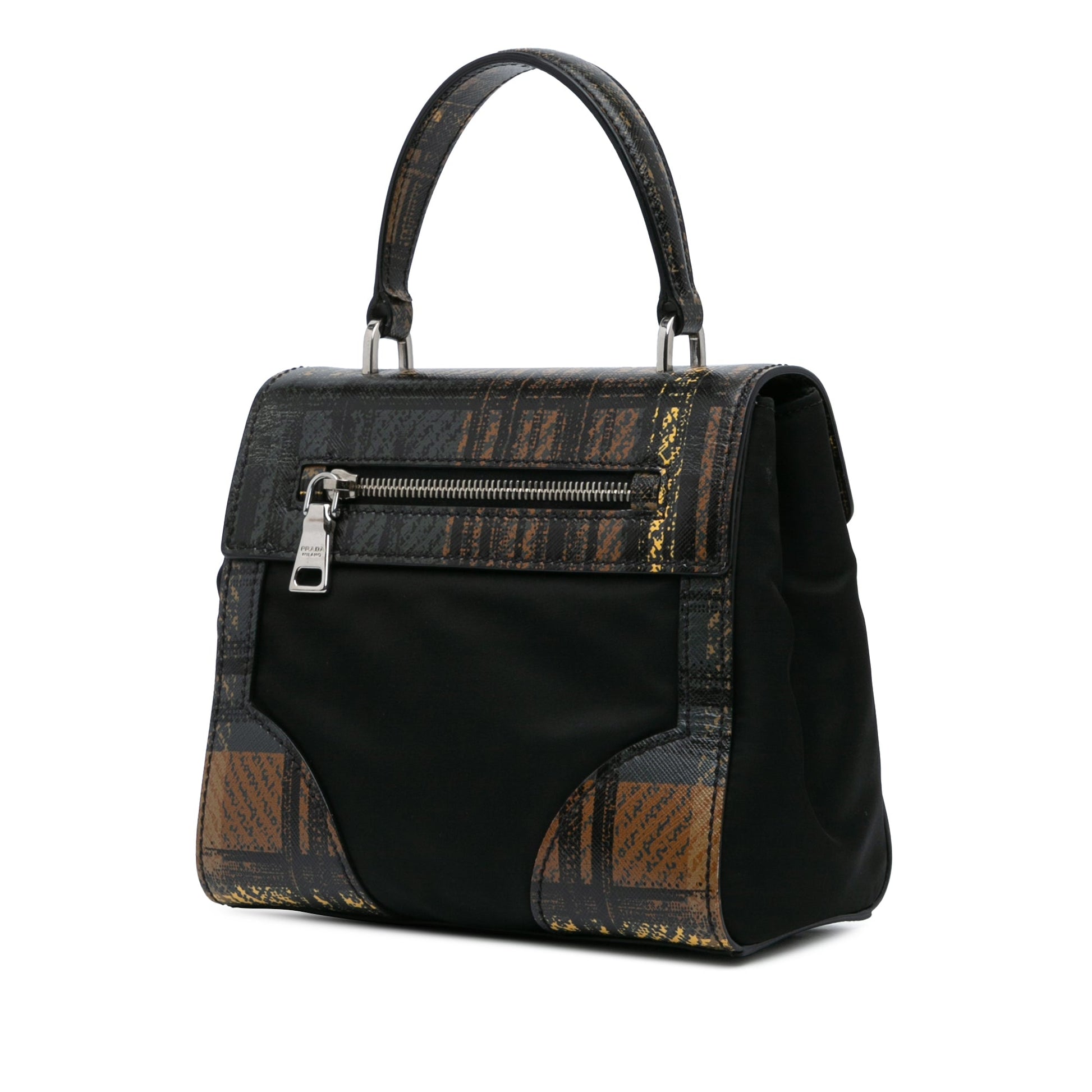 Prada Tartan Saffiano Trimmed Tessuto Satchel