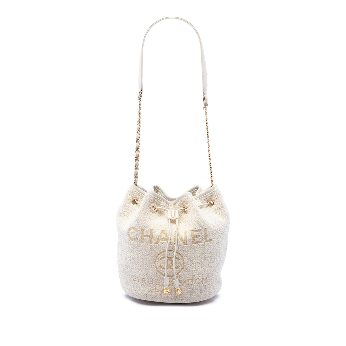Chanel Small Tweed Deauville Drawstring Bucket Bag — White