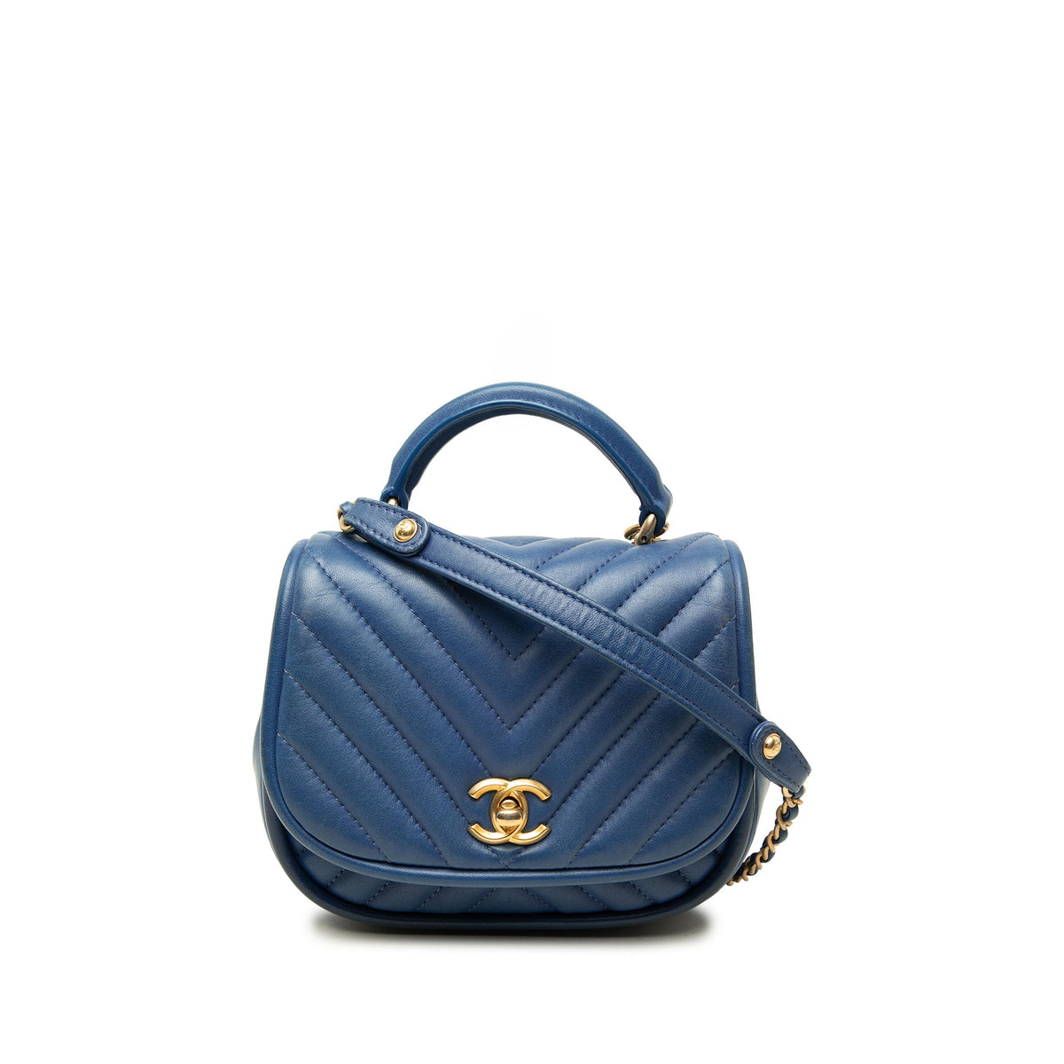 Chanel Mini CC Chevron Lambskin Reversed Round Flap — Blue