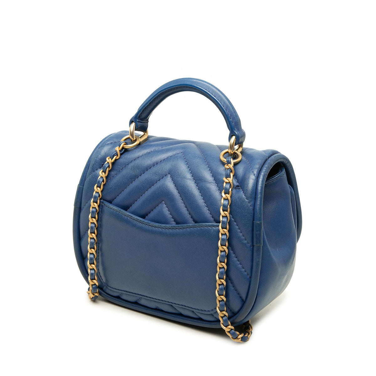 Chanel Mini CC Chevron Lambskin Reversed Round Flap — Blue