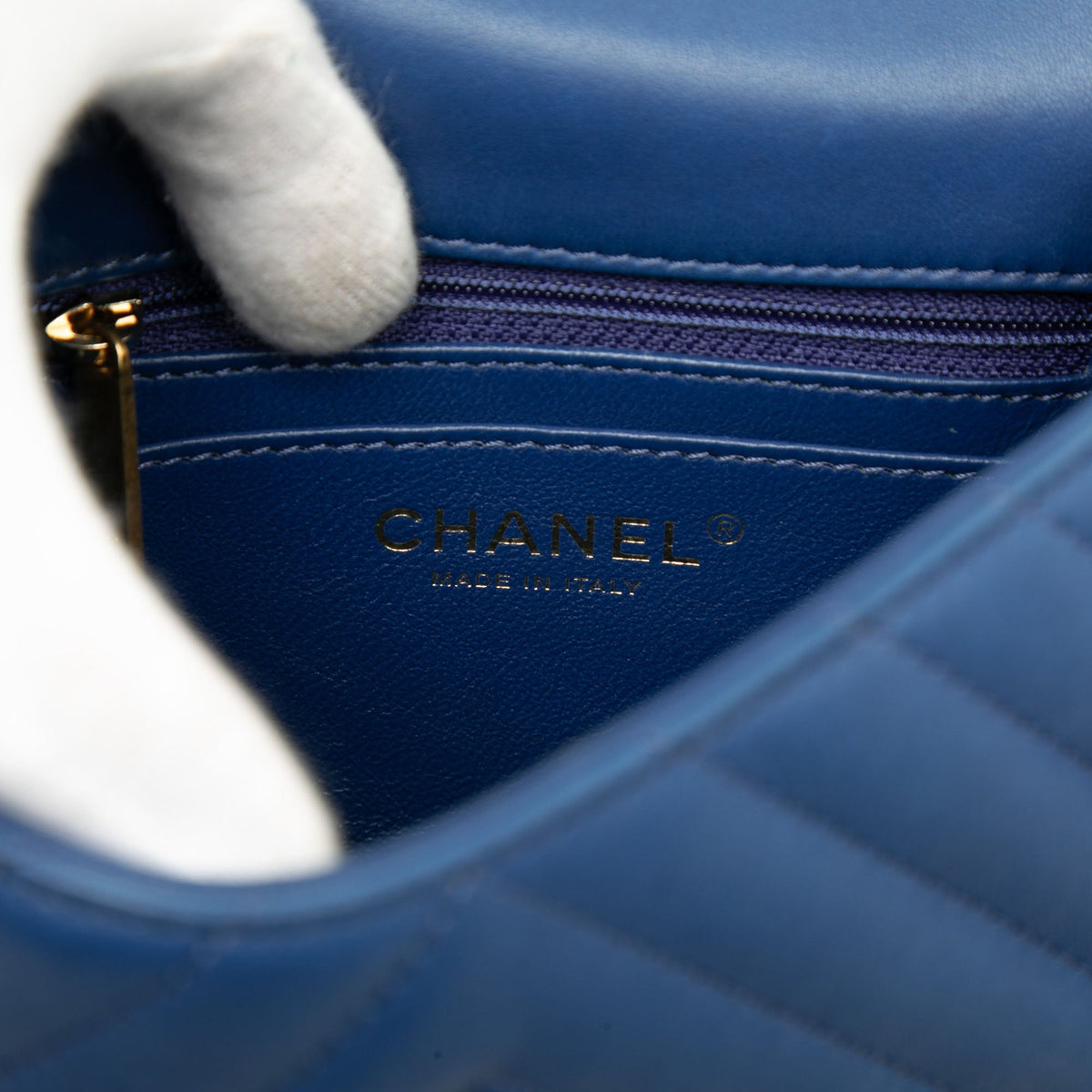 Chanel Mini CC Chevron Lambskin Reversed Round Flap — Blue