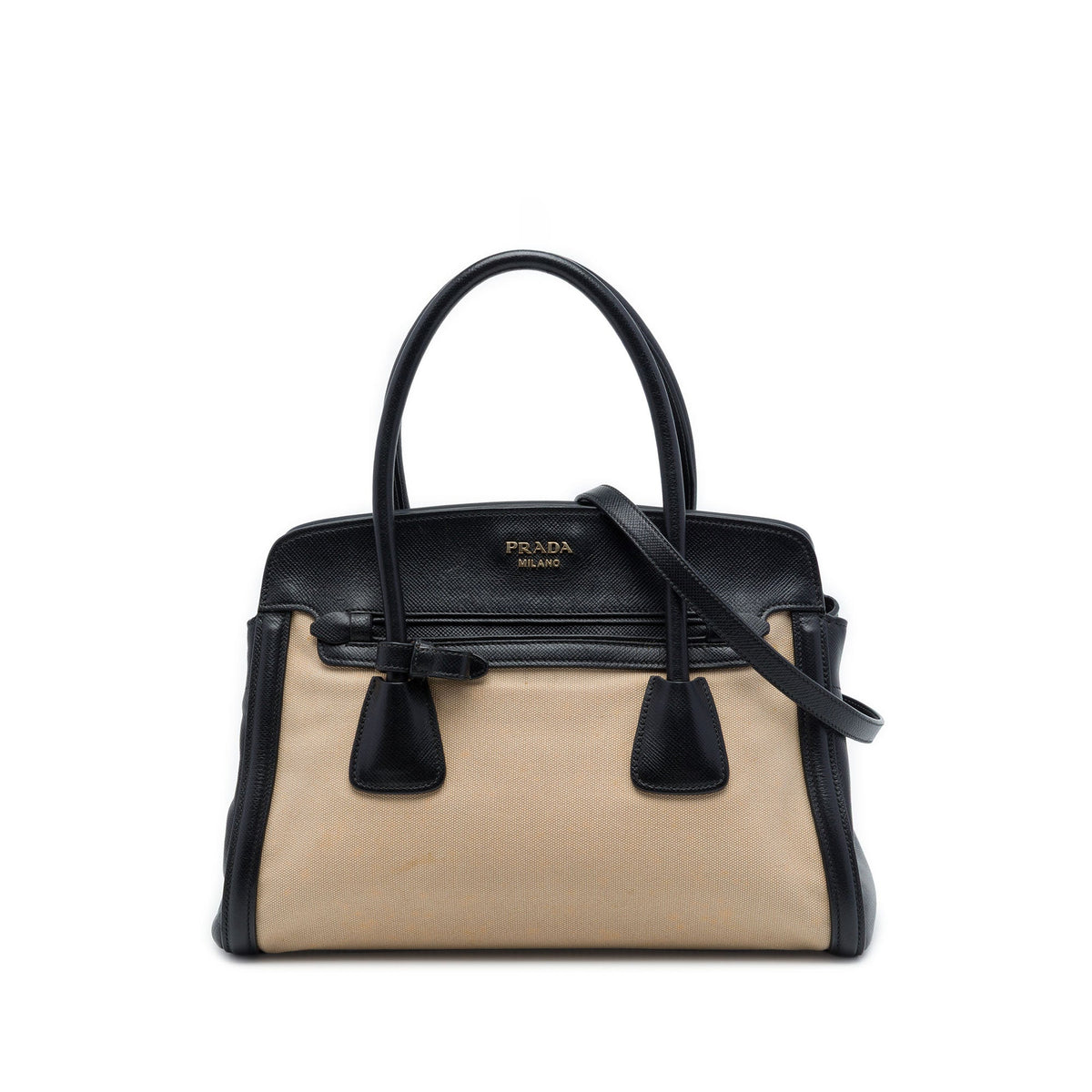 Prada Bicolor Saffiano Cuir Trimmed Canvas Satchel