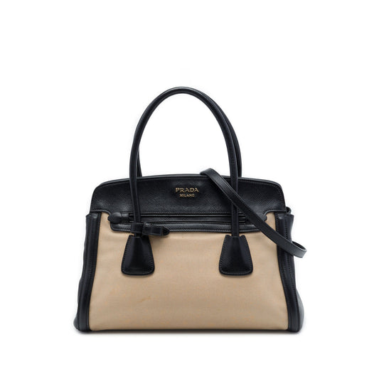 Prada Bicolor Saffiano Cuir Trimmed Canvas Satchel