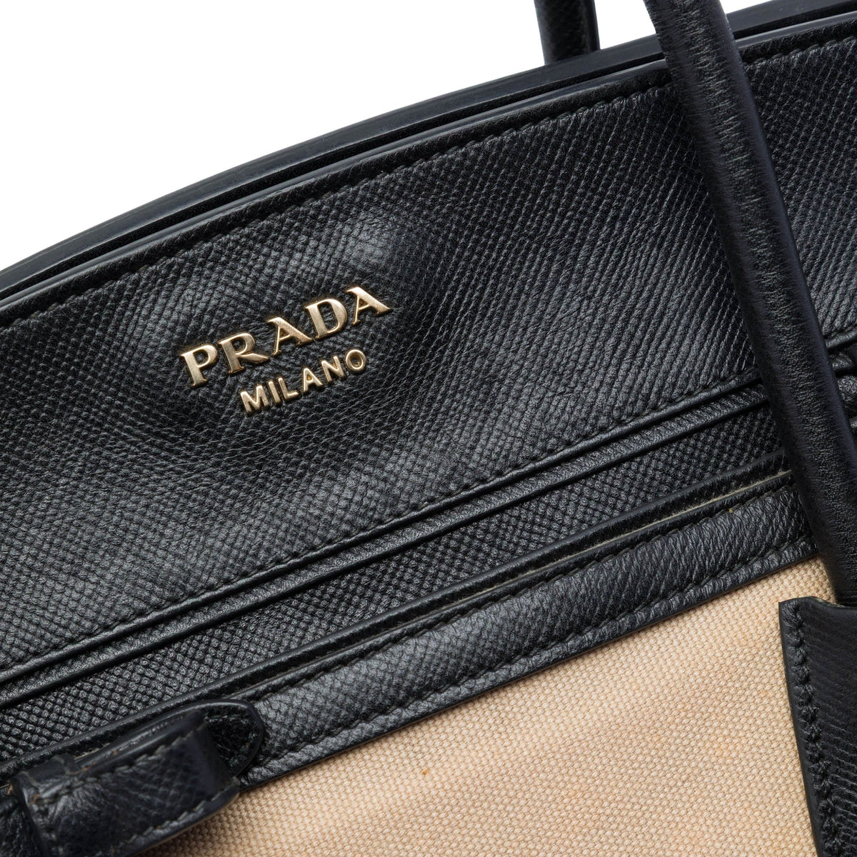 Prada Bicolor Saffiano Cuir Trimmed Canvas Satchel